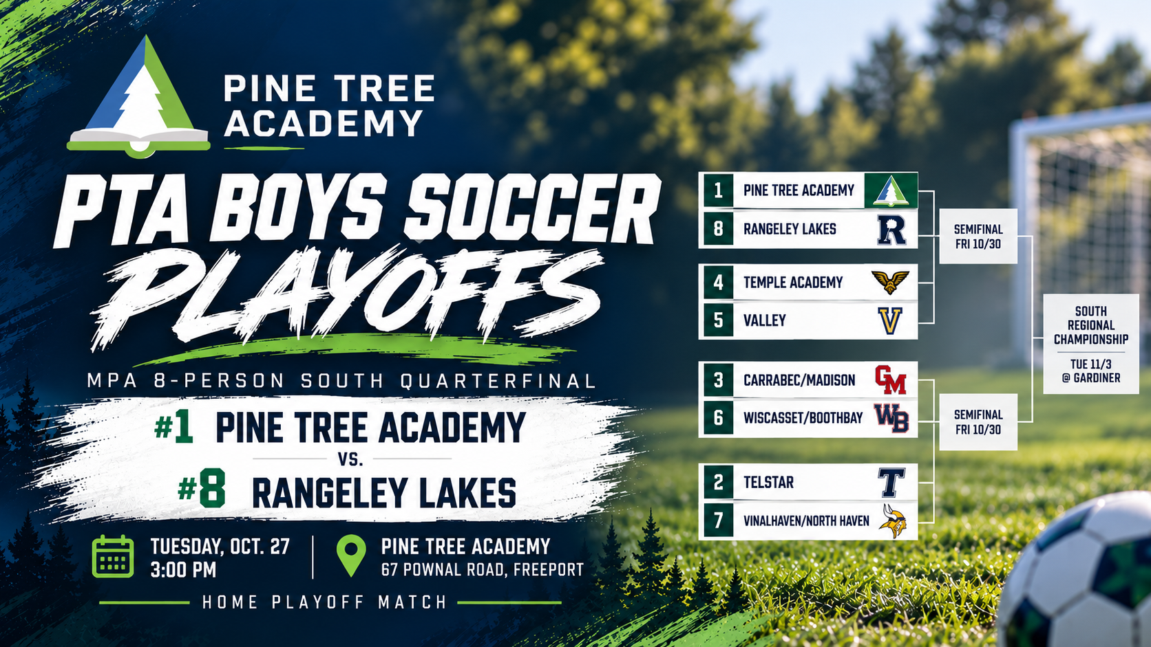 PTA Boys Soccer Playoffs: MPA 8-Person South quarterfinal, #1 Pine Tree Academy vs #8 Rangeley Lakes, Tuesday Oct. 27, 3:00 PM at Pine Tree Academy, with the South bracket.