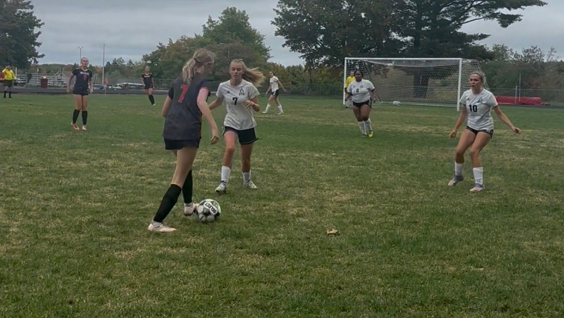 Soccer players contest the ball during the girls varsity match at Wiscasset on September 29, 2026