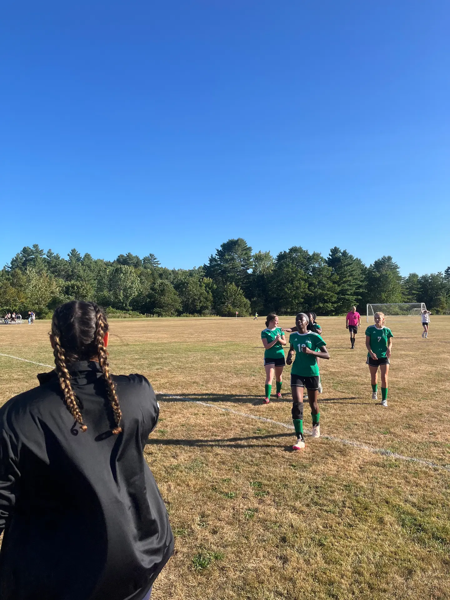 Pine Tree Academy girls varsity soccer players on the field during the 0-0 double-overtime draw against Wiscasset on September 11, 2026