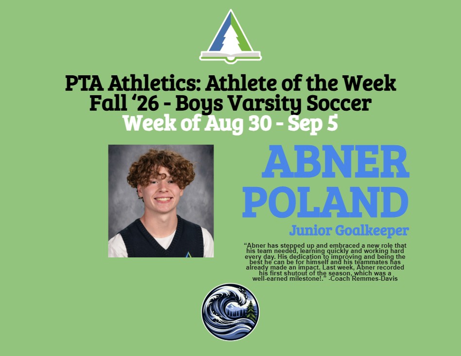 PTA Athletics Athlete of the Week graphic honoring Abner Poland, junior goalkeeper for Boys Varsity Soccer, for the week of August 30 through September 5, 2026