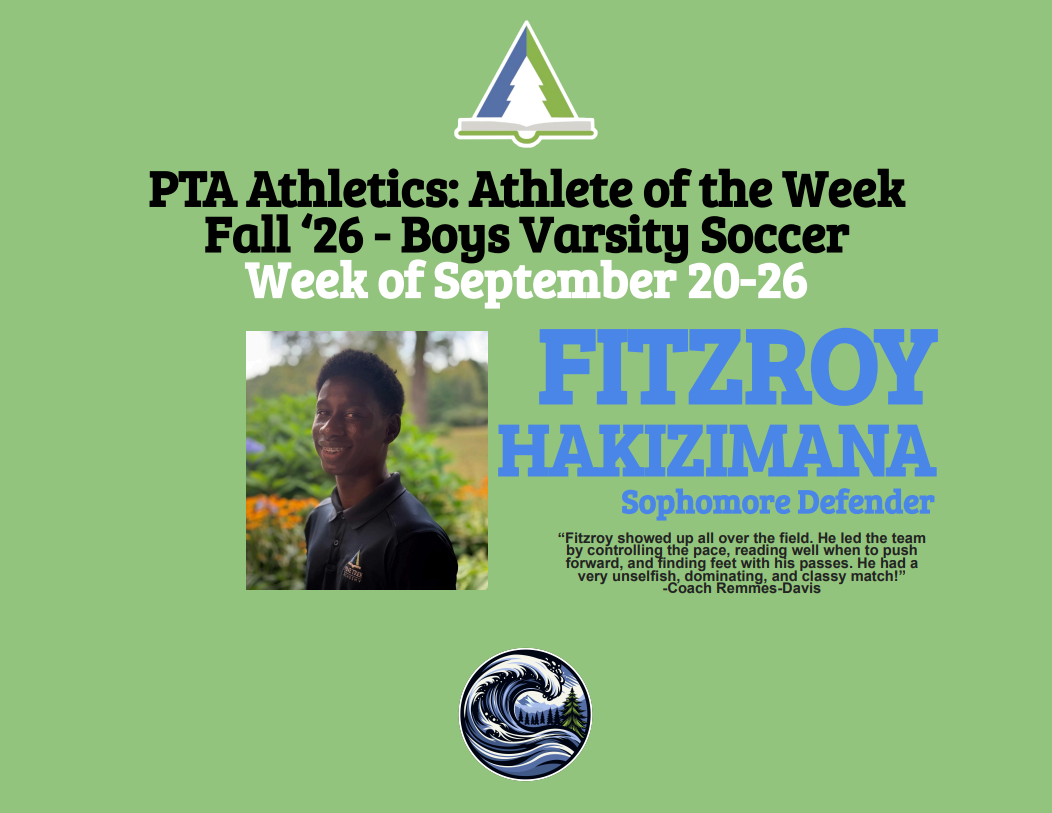 PTA Athletics Athlete of the Week graphic honoring Fitzroy Hakizimana, sophomore defender for Boys Varsity Soccer, for the week of September 20 through 26, 2026