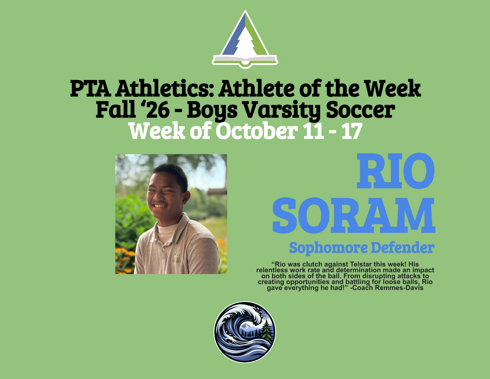 PTA Athletics Athlete of the Week graphic honoring Rio Soram, sophomore defender, Boys Varsity Soccer, for the week of October 11 through 17, 2026