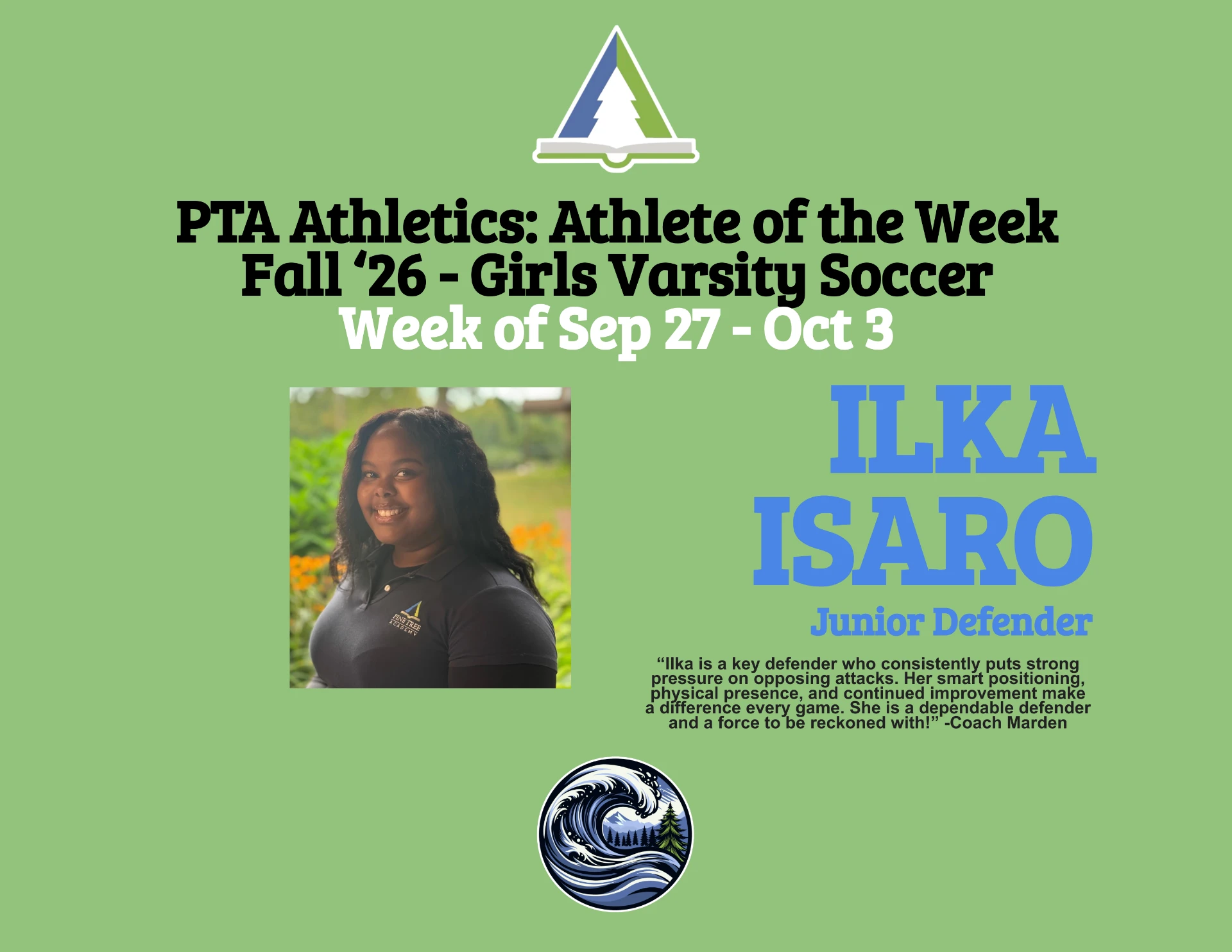 PTA Athletics Athlete of the Week graphic honoring Ilka Isaro, junior defender for Girls Varsity Soccer, for the week of September 27 through October 3, 2026