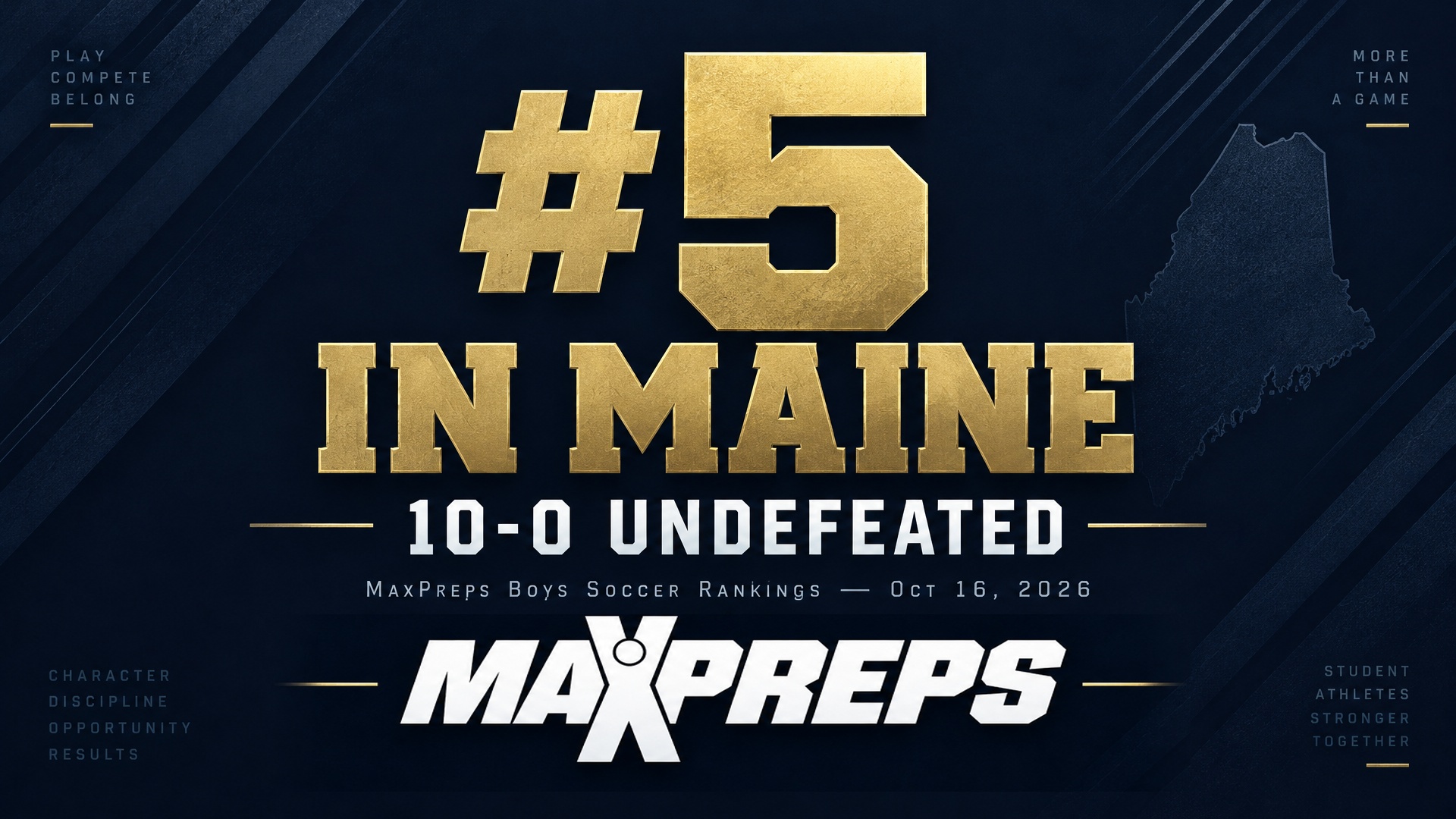 Editorial graphic: Pine Tree Academy ranked No. 5 in Maine with a 10-0 record in the MaxPreps boys soccer rankings of October 16, 2026